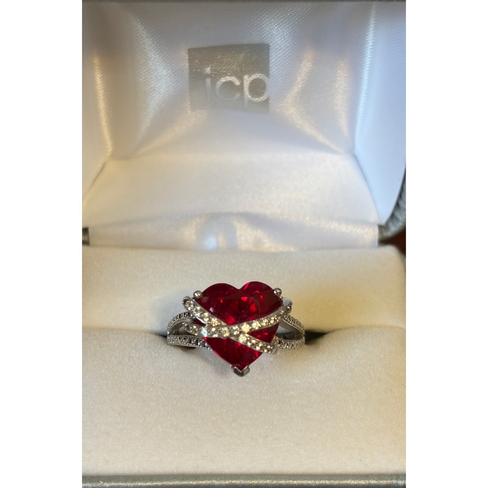 JCP Sterling Silver Created Ruby Heart Ring Size 7 925 Crossover Band New In Box